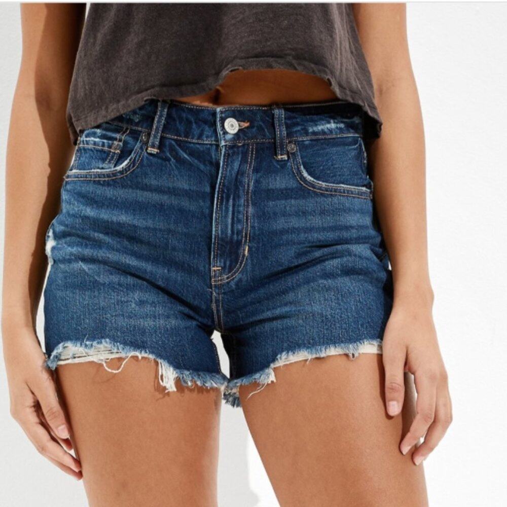 American Eagle Midi Denim Shorts Raw Hem Longer Medium Wash I21